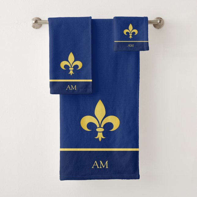 Golden Fleur de Lis & Monogram on Navy Blue Bath Towel Set (Insitu)