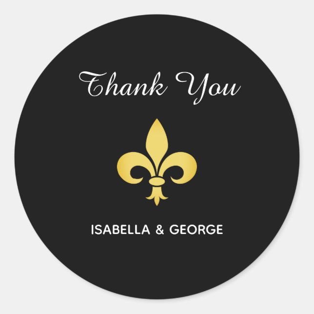 Golden Fleur de Lis on Black Thank You Classic Rou Classic Round Sticker (Front)