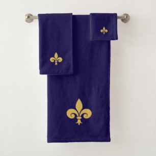 Golden Fleur de Lis on Navy Blue Bath Towel Set