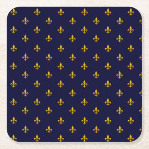 Golden Fleur de Lis on Navy Blue Square Paper Coaster