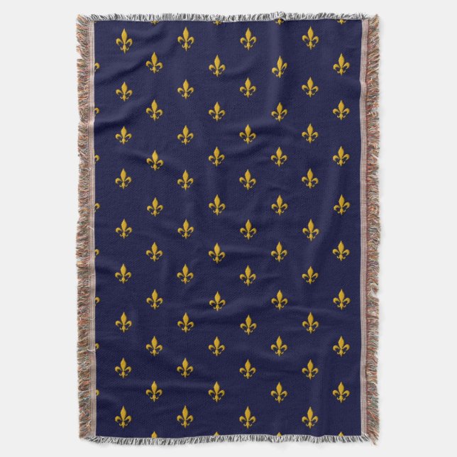 Golden Fleur de Lis on Navy Blue Throw Blanket (Front Vertical)