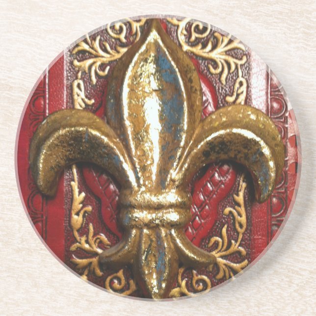 Golden Fleur de lis on red print Coaster (Front)