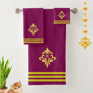 Golden Fleur de Lis, Three Stripes on Maroon Bath Towel Set