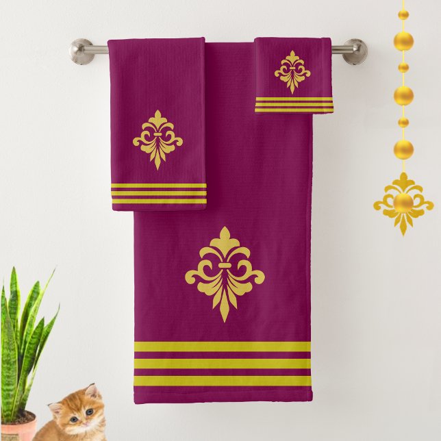 Golden Fleur de Lis, Three Stripes on Maroon Bath Towel Set (Creator Uploaded)