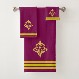 Golden Fleur de Lis, Three Stripes on Maroon Bath Towel Set