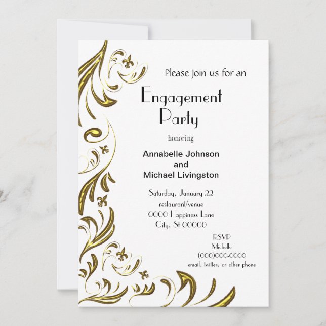 Golden Fleur de Lis Vine Engagement Party on White Invitation (Front)