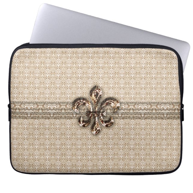 Golden Fleur De Lis with Cream Damask Pattern Laptop Sleeve (Front)