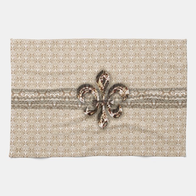 Golden Fleur De Lis with Cream Damask Pattern Tea Towel (Horizontal)