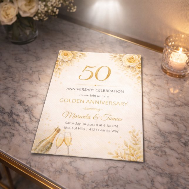 Golden Floral 50th Anniversary Invitation (Golden floral 50th anniversary dinner invite with champagne tones and soft ivory roses)