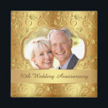 Golden floral 50th Wedding Anniversary Photo Magnet<br><div class="desc">50th Wedding Anniversary photo magnet with golden floral pattern and swirls</div>