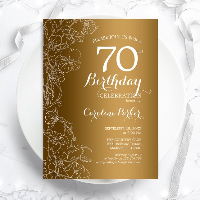 Golden Floral 70th Birthday Party Invitation (Creator Uploaded)