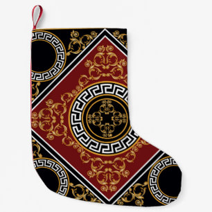 Golden floral baroque element with greek motif on  small christmas stocking