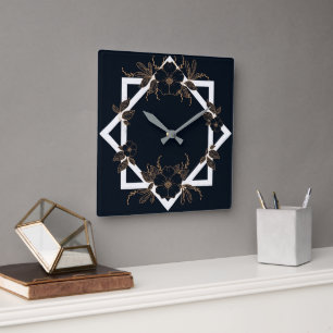 Golden Floral Black Elegant Pattern Square Wall Clock