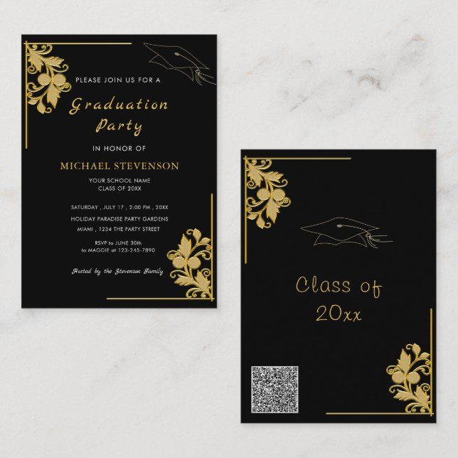 Golden Floral Black Graduation Invitations Example (Front/Back)