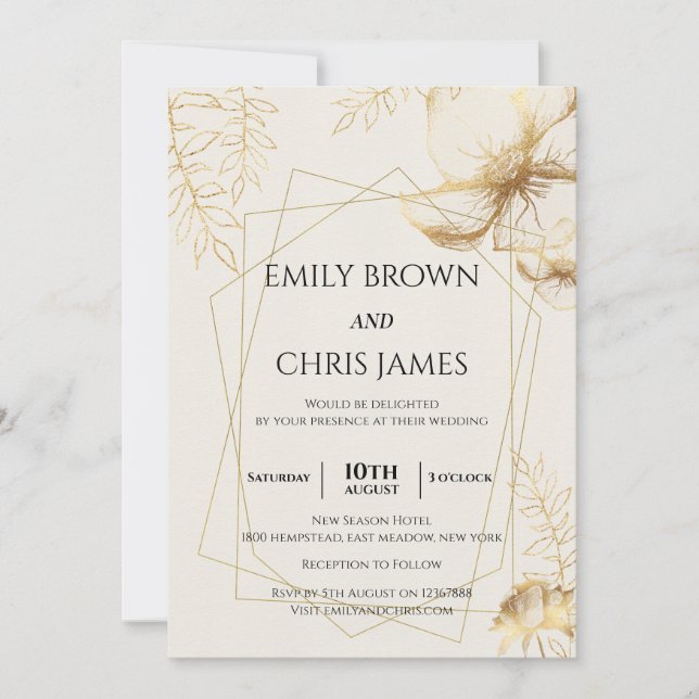 Golden Floral Blooming | Modern Wedding Ceremony Invitation (Front)