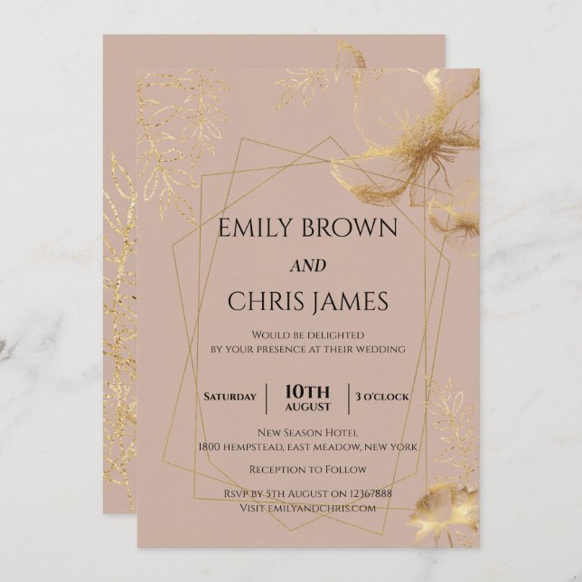 Golden Floral Blooming | Modern Wedding Ceremony Invitation (Front/Back)