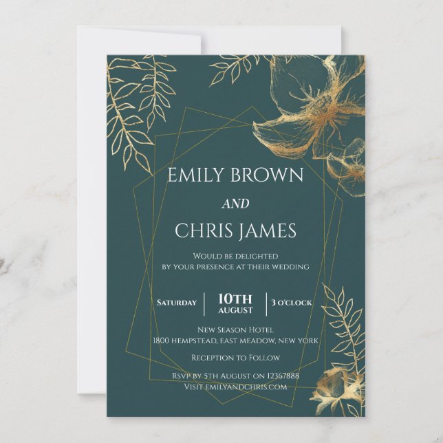 Golden Floral Blooming | Modern Wedding Ceremony Invitation (Front)