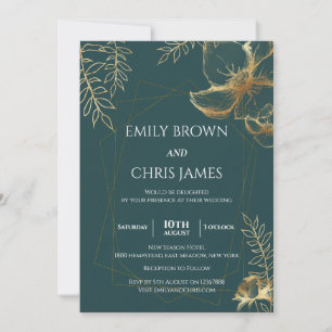 Golden Floral Blooming   Modern Wedding Ceremony Invitation