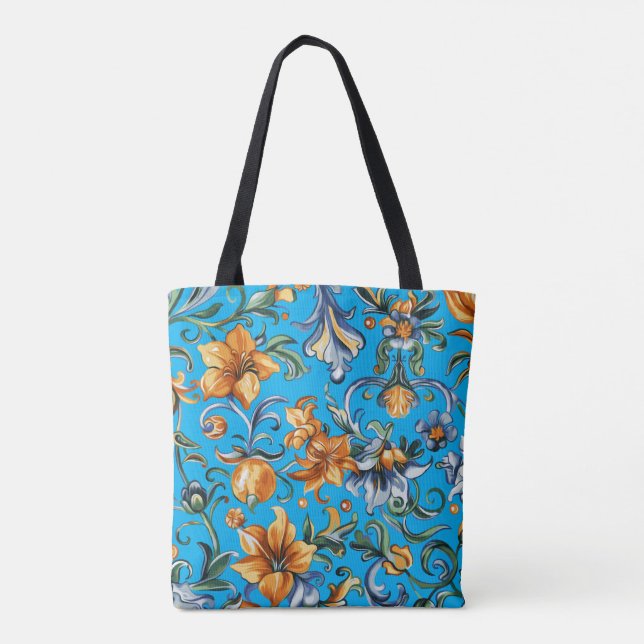 Golden Floral & Blue Iris Scroll Tote Bag (Back)