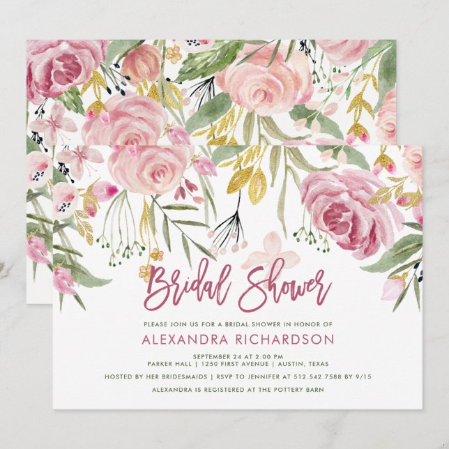 Golden Floral Blush Pink Watercolor Bridal Shower Invitation (Front/Back)