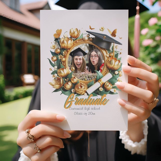 Golden Floral Border Photo Graduation Invitation (Creator Uploaded)