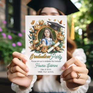 Golden Floral Border Photo Graduation Invitation