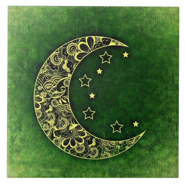 Golden Floral Crescent Moon and Stars on Green Tile (Front)