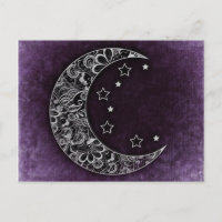 Golden Floral Crescent Moon and Stars on Purple