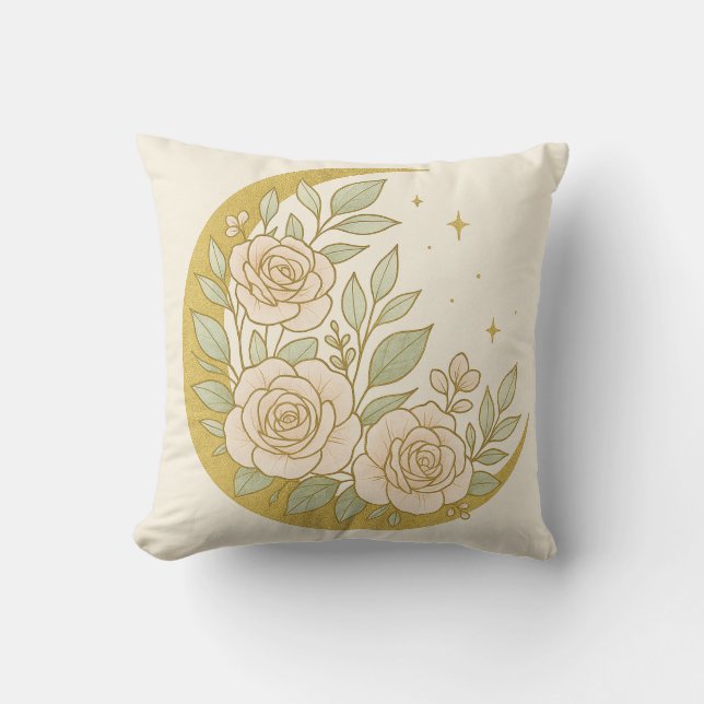 Golden Floral Crescent Moon – Elegant Botanical Cushion (Front)