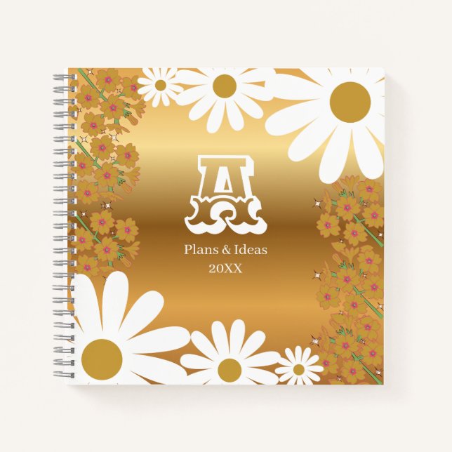Golden Floral Daisy Notebook with Letter A  (Front)