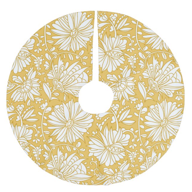 Golden floral doodle, abstract hand-drawn brushed polyester tree skirt (Front)