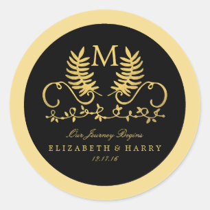 Golden Floral Emblem Wedding Classic Round Sticker