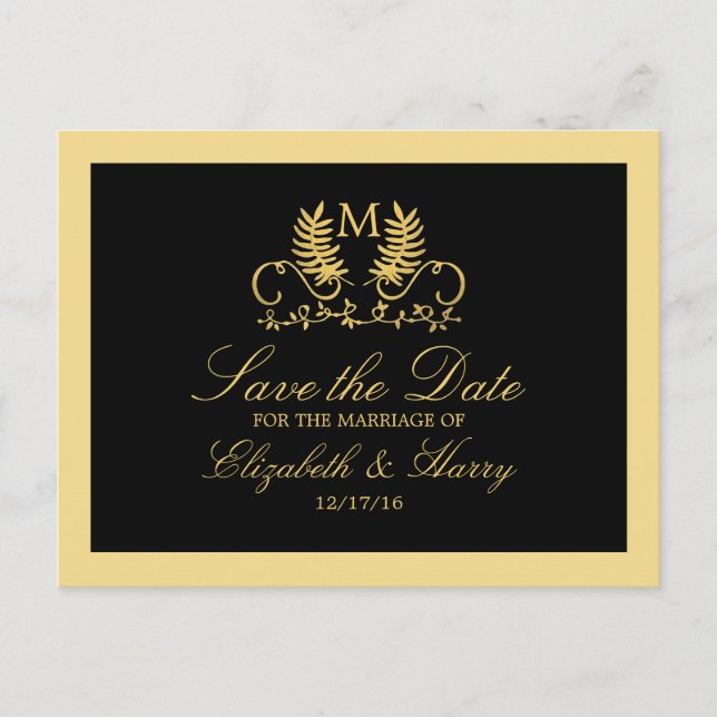 Golden Floral Emblem Wedding Save The Date Announcement Postcard (Front)