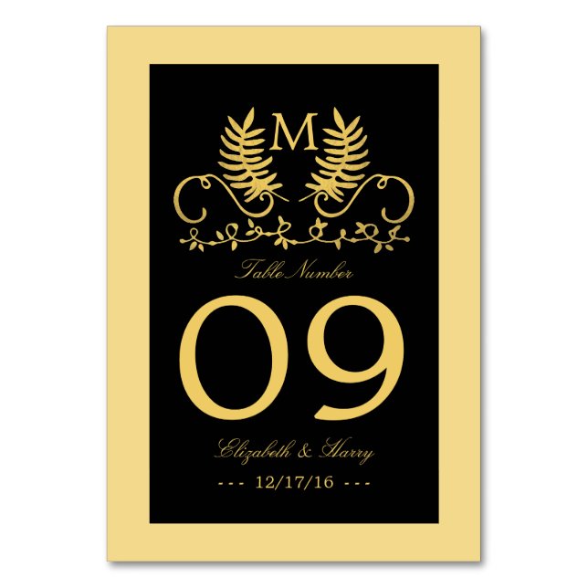 Golden Floral Emblem Wedding Table Number (Front)