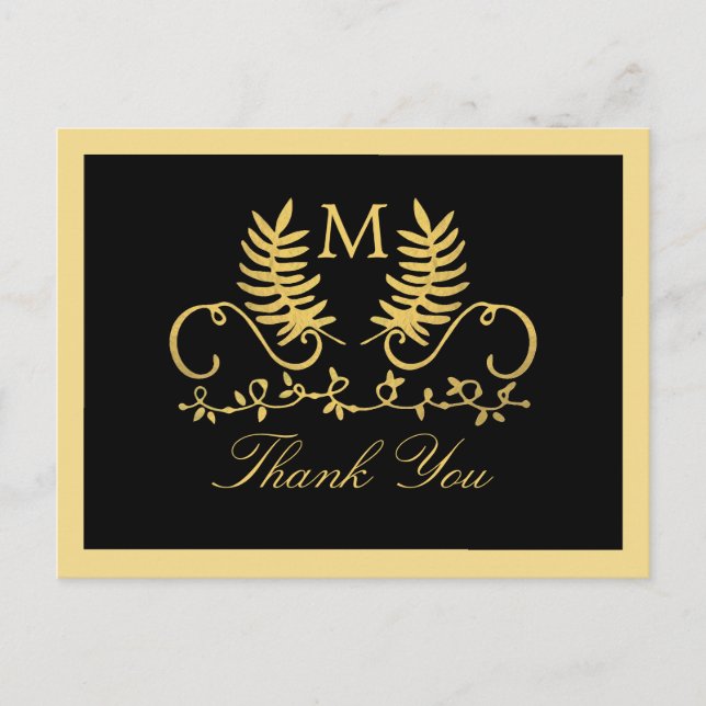 Golden Floral Emblem Wedding Thank You Postcard (Front)