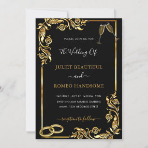 Golden Floral Frame Black Gold Wedding Invitations
