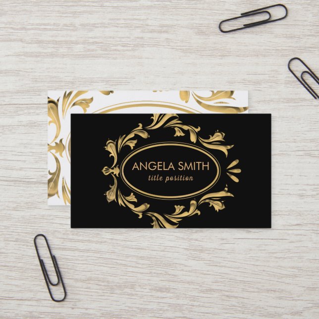 Golden Floral Frame Business Card (Front/Back In Situ)