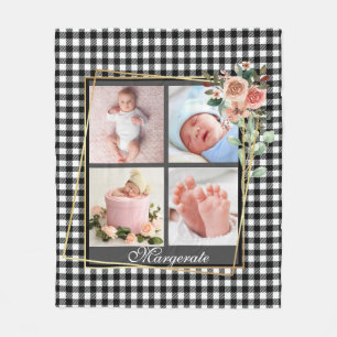 Golden Floral Frame New Baby Personalised 4 Photo Fleece Blanket
