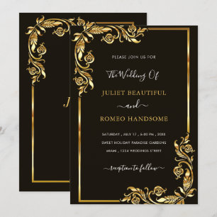 Golden Floral Framed Black Gold Wedding Invitation
