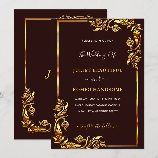 Golden Floral Framed Wedding Invitations Example (Front/Back)