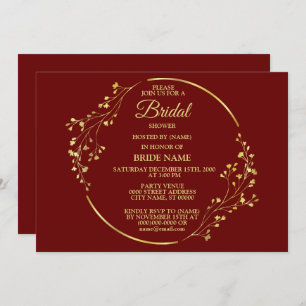 Golden Floral Geometric Wreath Red Bridal Shower Invitation