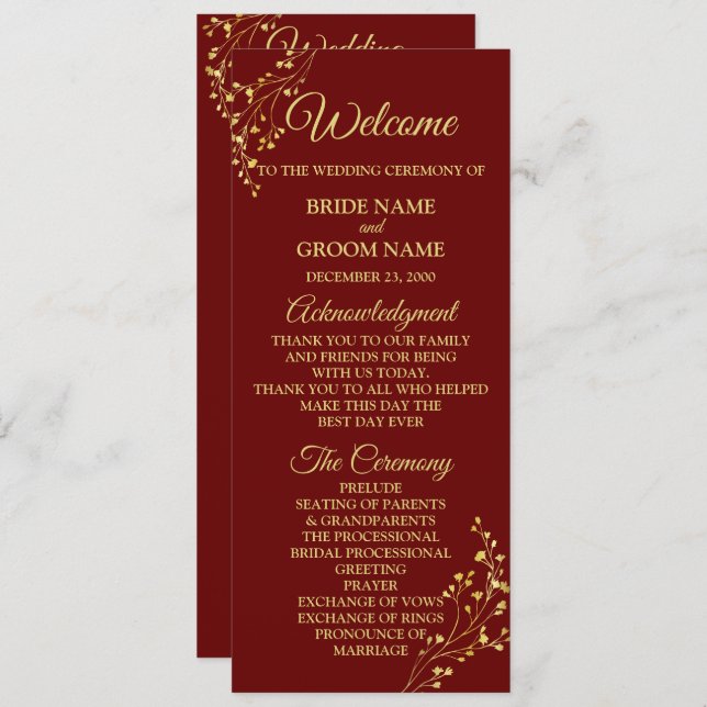 Golden Floral Geometric Wreath Red Wedding Programme (Front/Back)