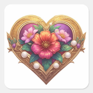 🌹 Golden Floral Heart Crest For Romantic Parties Square Sticker