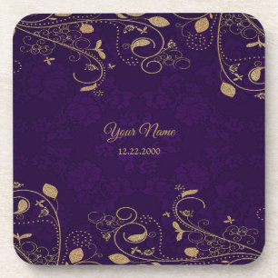 Golden Floral Leaves Purple Wedding Party Modern Coaster