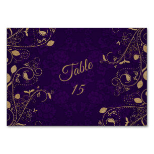 Golden Floral Leaves Purple Wedding Party Modern Table Number