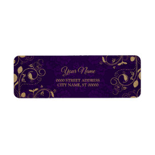 Golden Floral Leaves Purple Wedding Return Address