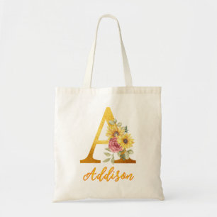 Golden Floral letter A Monogram Wedding Favor Tote Bag
