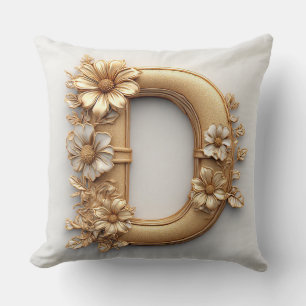 Golden Floral Letter D Monogram Decor 🌸 Cushion