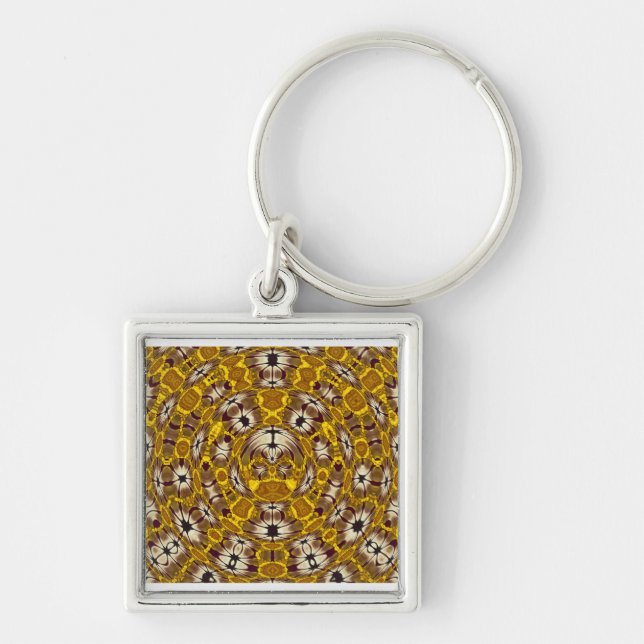 Golden Floral Mandala Boho Pattern Key Ring (Front)