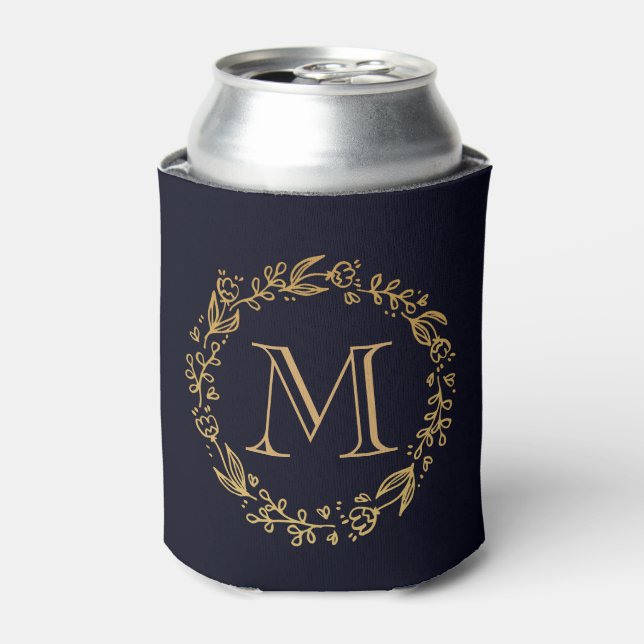Golden Floral Monogram Can Cooler (Can Front)